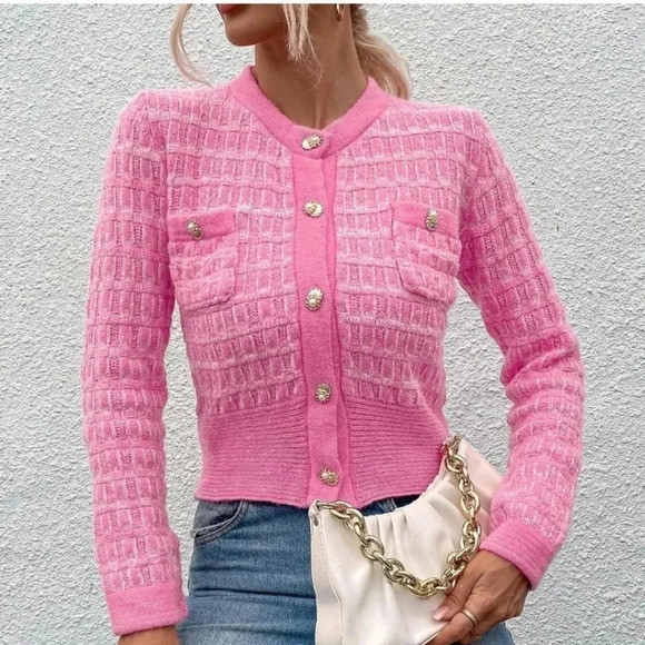 Pink Casual Womens Pocket Patched Button Front Cardigan - Picture 2 of 5